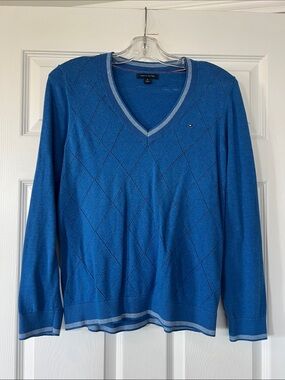 Tommy Hilfiger Blue V-Neck Argyle Knit Sweater
